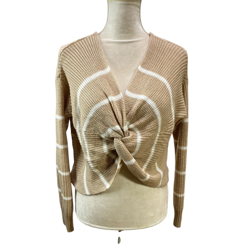 FCT Women's Striped Knit Twist Front‎ Sweater Cropped Tan White X-Large
